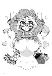 Rule 34 | 1girl, :q, arms behind head, blush, breasts, cabbage, cleavage, eggplant, garlic, glasses, greyscale, heart, huge breasts, kusanagi tonbo, long hair, looking at viewer, monochrome, navel, nipples, original, pot, simple background, smile, solo, spring onion, tomato, tongue, tongue out, underboob, white background