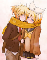 Rule 34 | 1boy, 1girl, bag, black skirt, blue eyes, blush, bow, brother and sister, brown jacket, brown pants, closed mouth, cowboy shot, denim, face-to-face, hair bow, hairband, hand in pocket, incest, jacket, kagamine len, kagamine rin, looking at another, neckerchief, necktie, open clothes, open jacket, orange hair, pants, pleated skirt, red necktie, scarf, school bag, school uniform, serafuku, shared clothes, shared scarf, short hair, short ponytail, siblings, skirt, smile, twins, vocaloid, white bow, yellow scarf, yuzuriha p