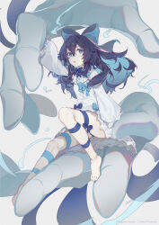 Rule 34 | 1girl, artist request, barefoot, black hair, blue eyes, bow, doll joints, dress, feet, hair bow, highres, joints, leg ribbon, legs, little witch nobeta, long hair, official art, ribbon, sitting, sleeves past wrists, tania (little witch nobeta), thigh ribbon, thighs, toes, white dress
