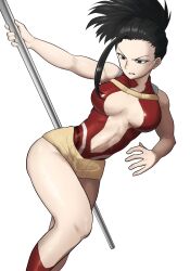 1girl alien_alienen black_eyes black_hair boku_no_hero_academia breasts center_opening hair_pulled_back highres holding holding_polearm holding_weapon large_breasts leotard open_clothes open_leotard polearm red_leotard simple_background solo superhero_costume weapon white_background yaoyorozu_momo