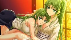 Rule 34 | 2girls, ass, bare arms, bare shoulders, between breasts, breasts, cleavage, collarbone, face to breasts, green eyes, green hair, hair ribbon, head between breasts, head on chest, highres, higurashi no naku koro ni, higurashi no naku koro ni mei, houjou yutori, incest, indoors, japanese clothes, kimono, large breasts, long hair, looking at another, multiple girls, obi, official art, parted lips, pencil skirt, ponytail, ribbon, sash, siblings, sisters, skirt, sonozaki mion, sonozaki shion, sweater, swept bangs, turtleneck, turtleneck sweater, twincest, twins, white kimono, yellow ribbon, yuri