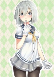 Rule 34 | 10s, 1girl, blue eyes, blush, breasts, finger to mouth, gloves, hair ornament, hair over one eye, hairclip, hamakaze (kancolle), kantai collection, kz (kazuma-rising), medium breasts, open mouth, pantyhose, personification, school uniform, serafuku, short hair, silver hair, skirt, smile, solo, white gloves