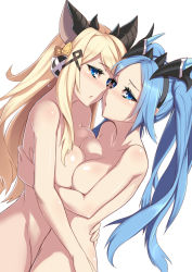 Rule 34 | 2girls, :o, arm around waist, bad id, bad pixiv id, blonde hair, blue eyes, blue hair, blush, bow, breast press, breasts, cheek-to-cheek, dutch angle, eyebrows, eyelashes, from side, hair bow, hair ornament, hair ribbon, hairband, hand on another&#039;s back, heads together, highres, horns, hug, idunn &amp; idunna, large breasts, long hair, looking at viewer, multiple girls, parted bangs, puuzaki puuna, puzzle &amp; dragons, ribbon, simple background, swept bangs, symmetrical docking, twintails, upper body, white background