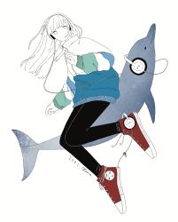 Rule 34 | 1girl, black pants, dated, dolphin, hands up, headphones, highres, jacket, long hair, long sleeves, no nose, original, pants, rakuenja71, red footwear, shoes, signature, simple background, sneakers, solo, white background, white hair