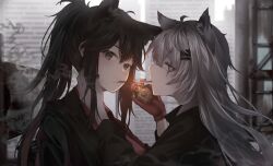 Rule 34 | 2girls, absurdres, ahoge, animal ear fluff, animal ears, arknights, black hair, black jacket, black nails, blurry, blurry background, brown eyes, cigarette, cigarette kiss, commentary request, from side, gloves, grey eyes, grey hair, hair between eyes, hair ornament, hairclip, hanahashi bagara, hand on another&#039;s face, highres, holding, holding lighter, jacket, lappland (arknights), lighter, lighting cigarette, long hair, looking at viewer, multiple girls, nail polish, outdoors, ponytail, red gloves, red shirt, scar, scar across eye, shirt, sidelocks, smoke, smoking, texas (arknights), wolf ears, wolf girl