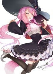Rule 34 | 1girl, absurdres, almic, animal ear fluff, animal ears, black dress, black hat, black thighhighs, book, cat ears, dress, ears through headwear, hair ribbon, hat, highres, holding, holding wand, indie virtual youtuber, key, long hair, long sleeves, looking at viewer, meika ruka, open book, open mouth, pink hair, purple eyes, ribbon, smile, thighhighs, twintails, very long hair, virtual youtuber, wand, wide sleeves, witch hat