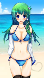Rule 34 | 1girl, absurdres, beach, bikini, blue eyes, blush, breasts, cleavage, cloud, colorized, day, derivative work, female focus, front-tie top, green hair, heart, highres, kochiya sanae, large breasts, long hair, looking at viewer, navel, open mouth, outdoors, polka dot, polka dot bikini, polka dot swimsuit, shiny skin, side-tie bikini bottom, skindentation, sky, snake, solo, swimsuit, thigh gap, touhou, underboob, yuumi kaname