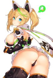 Rule 34 | 1girl, ass, bare shoulders, black footwear, black panties, blonde hair, blue eyes, blush, boots, breasts, butt crack, collar, dress, covered erect nipples, from behind, gauntlets, gene (pso2), green hair, headgear, inayama, large breasts, leaning forward, looking at viewer, looking back, multicolored hair, panties, phantasy star, phantasy star online 2, short dress, short hair, sideboob, simple background, solo, speech bubble, spoken object, standing, streaked hair, sweatdrop, thigh boots, thighhighs, thong, twintails, underwear, upskirt, white background, white dress