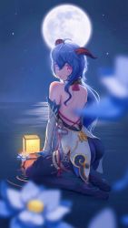 Rule 34 | 1girl, absurdres, ahoge, ass, bare shoulders, blue hair, blush, bodysuit, detached sleeves, from behind, full moon, ganyu (genshin impact), genshin impact, gloves, glowing, glowing eyes, highres, horns, lantern, leotard, long hair, looking at viewer, moon, night, pantyhose, parted lips, purple eyes, seiza, shuanger, sitting, smile, solo, very long hair, waist cape, water