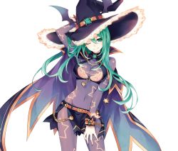 Rule 34 | 10s, 1girl, breasts, cleavage, date a live, green eyes, green hair, hat, highres, long hair, looking at viewer, matching hair/eyes, medium breasts, natsumi (date a live), navel, one eye closed, see-through, smile, solo, transparent background, tsunako, witch hat