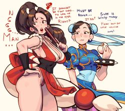 2girls :3 absurdres ass baozi breasts brown_eyes bun_cover capcom chinese_clothes chun-li cleavage double_bun earrings eating english_text fatal_fury folded_fan folding_fan food hair_bun hand_fan hand_on_own_hip high_ponytail highres holding holding_fan japanese_clothes jewelry large_breasts lenny_izquierdo motoyui multiple_girls panties pantyhose pearl_earrings pelvic_curtain ponytail revealing_clothes shiranui_mai simple_background street_fighter street_fighter_6 thighs underwear