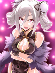 Rule 34 | 10s, 1girl, bare shoulders, breast hold, breasts, china dress, chinese clothes, cleavage cutout, clothing cutout, crossed arms, double bun, dress, drill hair, grey hair, highres, idolmaster, idolmaster cinderella girls, kanzaki ranko, kobayashi tetsuya, looking at viewer, open mouth, pink eyes, solo, twintails, wrist cuffs