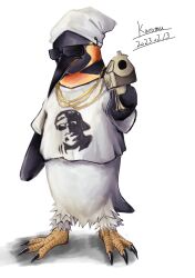 Rule 34 | absurdres, arknights, artist name, beanie, bird, commentary request, dated, gun, handgun, hat, highres, holding, holding gun, holding weapon, kuromu, no humans, penguin, shirt, short sleeves, signature, standing, the emperor (arknights), weapon, white headwear, white shirt