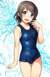 Rule 34 | 1girl, blue eyes, blue one-piece swimsuit, breasts, covered navel, cowboy shot, grey hair, highres, love live!, love live! sunshine!!, medium breasts, neopure, old school swimsuit, one-piece swimsuit, school swimsuit, school uniform, short hair, smile, solo, standing, swimsuit, thigh gap, watanabe you
