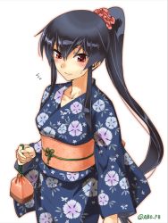 Rule 34 | 10s, 1girl, abo (hechouchou), alternate costume, black hair, collarbone, floral print, flying sweatdrops, hair between eyes, hair ornament, hair scrunchie, holding, japanese clothes, kantai collection, kimono, long hair, long sleeves, looking to the side, obi, ponytail, pouch, red eyes, sash, scrunchie, sidelocks, simple background, solo, sweatdrop, twitter username, very long hair, white background, yahagi (kancolle), yukata