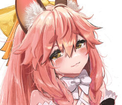 Rule 34 | 1girl, aa2mee, animal ear fluff, animal ears, bare shoulders, bow, braid, breasts, fate/samurai remnant, fate (series), fox ears, fox girl, hair between eyes, hair bow, highres, long hair, looking at viewer, off shoulder, pink hair, sidelocks, small breasts, smile, solo, tamamo (fate), tamamo aria (fate), tears, twintails, yellow bow, yellow eyes