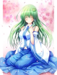 1girl, ^ ^, bangs, bare shoulders, blue skirt, breasts, cherry blossoms, closed eyes, commentary request, detached sleeves, eyebrows visible through hair, eyes closed, facing viewer, frog hair ornament, full body, green hair, hair between eyes, hair ornament, highres, kochiya sanae, large breasts, long hair, navel, osashin (osada), petals, sitting, skirt, smile, snake hair ornament, solo, touhou, very long hair, wide sleeves