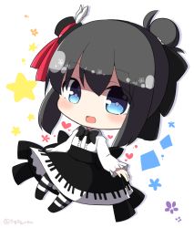 Rule 34 | 1girl, black bow, black hair, black hat, black skirt, blue eyes, blush, bow, center frills, collared shirt, commentary request, frills, full body, hair between eyes, hair bun, hat, heart, highres, long sleeves, mini hat, mini top hat, original, pantyhose, piano print, rensei, shirt, simple background, skirt, sleeves past wrists, solo, star (symbol), striped clothes, striped pantyhose, tilted headwear, top hat, white background, white shirt