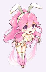 Rule 34 | 1girl, :d, alternate costume, animal ears, bare shoulders, bracelet, braid, breasts, chibi, chibi only, cleavage, dancer, fake animal ears, fire emblem, fire emblem awakening, full body, hair between eyes, highres, jewelry, keldancon, large breasts, leaning forward, leotard, long hair, looking at viewer, nintendo, olivia (fire emblem), open mouth, pink eyes, pink hair, playboy bunny, ponytail, rabbit ears, smile, solo, strapless, strapless leotard, twin braids, very long hair, white background, white leotard