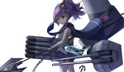 Rule 34 | 1girl, absurdres, anchor, azur lane, blue eyes, bracelet, chain, commentary request, crown, glowing, hair ribbon, highres, holding, holding polearm, holding spear, holding weapon, javelin, javelin (azur lane), jewelry, long hair, looking away, machinery, micchamu, mini crown, parted lips, plaid, plaid skirt, pleated skirt, polearm, ponytail, purple hair, ribbon, shade, sidelocks, simple background, skirt, solo, spear, torpedo tubes, turret, weapon, white background, wind