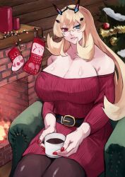 Rule 34 | 1girl, absurdres, bare shoulders, barghest (fate), belt, blonde hair, breasts, brown pantyhose, christmas, cleavage, coffee, coffee mug, collarbone, cup, fairy knight gawain (like a lady) (fate), fate/grand order, fate (series), fireplace, green eyes, gumi (the eye of darkness), heterochromia, highres, horns, huge breasts, long hair, long sleeves, looking at viewer, mug, off-shoulder sweater, off shoulder, open mouth, pantyhose, red eyes, red sweater, sitting, smile, solo, sweater, thighs