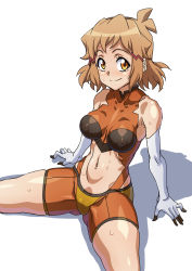 Rule 34 | 1girl, bare shoulders, blonde hair, blush, bodysuit, breasts, breasts apart, closed mouth, covered collarbone, covered erect nipples, elbow gloves, gloves, hair ornament, highres, large breasts, looking at viewer, midriff, navel, senki zesshou symphogear, short hair, simple background, sitting, skin tight, smile, solo, spread legs, sweat, syunzou, tachibana hibiki (symphogear), white background, yellow eyes