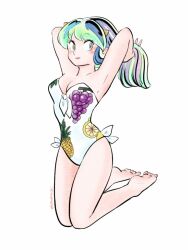 Rule 34 | 1girl, amamorituyuko, arms behind head, bare shoulders, barefoot, blush, breasts, cleavage, cone horns, floating, fruit print, green hair, holding, holding hair, horns, long hair, looking at viewer, lum, medium breasts, one-piece swimsuit, smile, solo, strapless, strapless one-piece swimsuit, swimsuit, urusei yatsura, white background