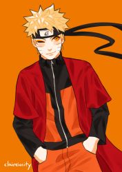 Rule 34 | 1boy, alternate form, artist name, blonde hair, claireiosity, cloak, closed mouth, cowboy shot, eyeliner, facial mark, forehead protector, hands in pockets, headband, highres, horizontal pupils, jumpsuit, light smile, lips, long sleeves, looking to the side, makeup, male focus, naruto (series), naruto shippuuden, one eye closed, orange background, orange eyes, orange jumpsuit, orange legwear, orange pants, pale skin, pants, pocket, red cloak, sennin mode, short hair, sleeves past elbows, solo, solo focus, spiked hair, standing, transformation, twitter username, uzumaki naruto, watermark, whisker markings