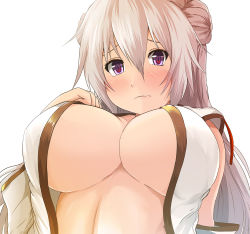 Rule 34 | 1girl, bad id, bad pixiv id, blush, breasts, center opening, closed mouth, detached sleeves, double bun, doughnut hair bun, from below, frown, hair between eyes, hair bun, highres, kanzaki kureha, large breasts, long hair, looking at viewer, looking down, midriff, original, purple eyes, silver hair, simple background, solo, wavy mouth