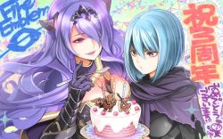 Rule 34 | 2girls, armor, beruka (fire emblem), blue hair, breasts, cake, camilla (fire emblem), candle, cleavage, fire emblem, fire emblem cipher, fire emblem fates, food, fork, gloves, hair over one eye, headband, holding, holding fork, large breasts, long hair, multiple girls, nintendo, open mouth, plate, purple eyes, purple gloves, purple hair, short hair, tiara, toyo sao, vambraces, wavy hair