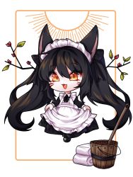 Rule 34 | 1girl, :3, :d, ahri (league of legends), alternate costume, animal ears, apron, black hair, branch, bucket, chibi, dress, facial mark, fang, fox ears, fox girl, frilled apron, frilled dress, frills, hair between eyes, hair ornament, highres, korean commentary, league of legends, lifting own clothes, long sleeves, maid, maid apron, maid headdress, nhom (woogi), open mouth, simple background, smile, solo, sun, twintails, whisker markings, white apron, white background, wooden bucket, yellow eyes