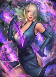 Rule 34 | 1girl, armpits, artist name, aura, blonde hair, blue eyes, blue gloves, blurry, blurry background, breasts, cleavage, commentary, cowboy shot, dagger, dress, dual wielding, earrings, elbow gloves, floating clothes, gloves, glowing, glowing weapon, hair over one eye, highres, holding, holding weapon, isabella valentine, japanese clothes, jewelry, knife, large breasts, lips, namco, original, parted lips, pelvic curtain, short hair, side slit, signature, sleeveless, solo, soul calibur, soulcalibur, soulcalibur v, sunkeytail, thighs, weapon