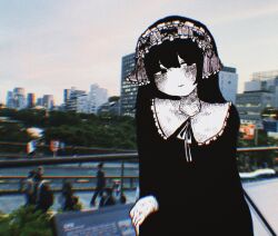Rule 34 | 1girl, averting eyes, black hair, blue sky, blush, chromatic aberration, city, closed mouth, com shicom, day, empty eyes, film grain, frilled hairband, frills, greyscale with colored background, hairband, half-closed eyes, hand up, hatching (texture), head tilt, highres, holding own arm, lolita hairband, long hair, long sleeves, neck ribbon, original, outdoors, pale skin, people, photo background, plaque, railing, ribbon, ribbon-trimmed collar, ribbon trim, road, sky, tree, upper body