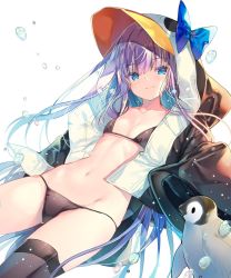 Rule 34 | 1girl, animal costume, bikini, bikini under clothes, bird, black bikini, black thighhighs, blue bow, blue eyes, blue hair, blunt bangs, blush, bow, breasts, closed mouth, collarbone, fate/grand order, fate (series), gluteal fold, highres, long hair, long sleeves, looking at viewer, meltryllis, meltryllis (fate), meltryllis (swimsuit lancer) (fate), meltryllis (swimsuit lancer) (first ascension) (fate), miwabe sakura, multicolored hair, navel, open clothes, penguin, penguin costume, purple hair, simple background, sleeves past fingers, sleeves past wrists, small breasts, smile, solo, stomach, swimsuit, thighhighs, two-tone hair, very long hair, water drop, white background