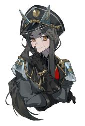 Rule 34 | 1girl, arknights, black gloves, black hair, black hat, black jacket, breasts, brown eyes, chinese commentary, closed mouth, commentary, cropped torso, dobermann (arknights), dobermann (lieutenant) (arknights), finger to mouth, gloves, hat, highres, jacket, liang jin, long hair, looking at viewer, military, military hat, military uniform, official alternate costume, shushing, simple background, smile, solo, uniform, upper body, white background