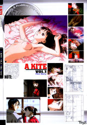 Rule 34 | 1girl, 2boys, a kite, age difference, akai (kite), artbook, ass, breasts, brown hair, highres, kiss, long hair, lying, multiple boys, nipples, nude, oburi (kite), older man and younger girl, on back, on bed, rape, red eyes, sawa (kite), scan, sequential, sex, sketch, socks, text focus, umetsu yasuomi, vaginal, window