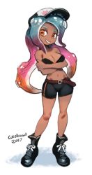 Rule 34 | 1girl, belt, bike shorts, boots, breasts, cephalopod eyes, cleavage, colo (nagrolaz), hat, highres, mask, multicolored hair, nintendo, octoling, octoling girl, octoling player character, splatoon (series), suction cups, tank top, tentacle hair, tentacles