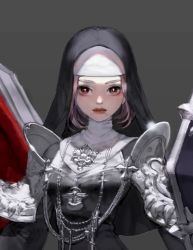 Rule 34 | + +, 1girl, armor, bad id, bad twitter id, black headwear, closed mouth, cropped, cross, glint, grey background, jewelry, mimi ps 20, mole, mole under mouth, necklace, nun, original, pauldrons, pink hair, red eyes, red lips, short hair, shoulder armor, simple background, solo, turtleneck, upper body
