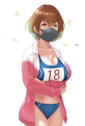 Rule 34 | 1girl, absurdres, breasts, brown eyes, brown hair, cleavage, commentary request, hair between eyes, highres, island lagoon, jacket, large breasts, mask, mouth mask, original, pink jacket, short hair, sports bra, sweat, track jacket, track uniform, white background