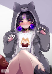 Rule 34 | 1girl, animal costume, animal hands, animal hood, animal print, bare legs, black collar, black hair, blush, collar, dog costume, dog hood, dog print, earrings, facial mark, feet out of frame, forehead mark, fuumeh, gloves, highres, hood, indie virtual youtuber, jewelry, knees together feet apart, looking at viewer, mole, mole under eye, noi (vtuber), parted bangs, parted lips, paw gloves, shirt, short hair, sitting, solo, sweat, virtual youtuber, white shirt, yellow eyes