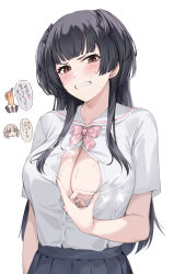 Rule 34 | 1boy, 2girls, absurdres, black hair, black ribbon, black skirt, blood, blunt bangs, blush, breasts, brown eyes, cleavage, commentary request, disgust, hair ribbon, highres, idolmaster, idolmaster shiny colors, knife, long hair, looking at viewer, mayuzumi fuyuko, mrpeanut 88, multiple girls, no bra, open clothes, open shirt, pink ribbon, pleated skirt, producer (idolmaster), ribbon, school uniform, serizawa asahi, shirt, sidelocks, simple background, skirt, sweat, translation request, two side up, unbuttoned, white background, white shirt