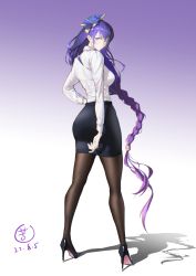 Rule 34 | 1girl, absurdres, arm at side, ass, black pantyhose, braid, breasts, brown pantyhose, buttons, chromatic aberration, collared shirt, contemporary, dated, flower, from behind, full body, genshin impact, gradient background, hair flower, hair ornament, hand on own hip, high heels, highres, long hair, long sleeves, looking at viewer, looking back, low-braided long hair, low-tied long hair, medium breasts, miniskirt, nigate, office lady, pantyhose, pencil skirt, purple background, purple eyes, purple flower, purple hair, raiden shogun, shadow, shirt, skirt, solo, stiletto heels, taut clothes, taut shirt, taut skirt, very long hair, white background, white shirt