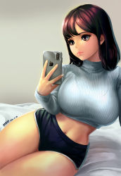 Rule 34 | 1girl, apple inc., artist name, blue shorts, bralines, breasts, brown eyes, brown hair, cellphone, closed mouth, commentary, cropped sweater, curvy, dated, eyelashes, hand up, highres, holding, holding phone, indoors, iphone, katoyo85, large breasts, leaning to the side, legs together, long hair, long sleeves, looking at phone, midriff, navel, on bed, original, phone, ribbed sweater, short shorts, shorts, sitting, smartphone, solo, stomach, sweater, thick thighs, thighs, turtleneck, turtleneck sweater