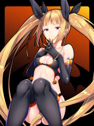 Rule 34 | 1girl, bad id, bad pixiv id, bare shoulders, bat wings, bikini, blazblue, blonde hair, breasts, collarbone, elbow gloves, gloves, knees together feet apart, long hair, own hands together, rachel alucard, re-so, red eyes, ribbon, small breasts, smile, solo, swimsuit, thighhighs, twintails, very long hair, wings