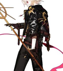 Rule 34 | 1boy, alternate costume, belt, bishounen, black jacket, black pants, black shirt, brown belt, brown gloves, casual, earrings, fate/apocrypha, fate (series), from behind, gloves, holding, holding weapon, jacket, jewelry, karna (fate), leather, leather jacket, looking at viewer, looking back, male focus, mo (mocopo), necklace, open clothes, open jacket, pants, profile, red eyes, shirt, simple background, solo, staff, standing, string, string of fate, weapon, white background, white hair