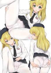 Rule 34 | 10s, 1girl, :o, anzio school uniform, ass, beret, blonde hair, blush, cameltoe, carpaccio (girls und panzer), cleft of venus, clothes pull, crotch seam, girls und panzer, green eyes, gusset, hand on own ass, hat, heart, highres, holding legs, legs folded, long hair, multiple views, necktie, open mouth, panties, panties under pantyhose, pantyhose, pantyhose pull, school uniform, simple background, skirt, smile, spread legs, underwear, white background, white pantyhose, yoi naosuke