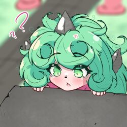Rule 34 | 1girl, ?, ??, absurdres, blurry, blurry background, blush, commentary, curly hair, english commentary, green eyes, green hair, highres, horns, komano aunn, open mouth, outdoors, rownou, single horn, solo, touhou
