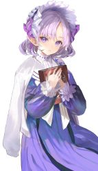 Rule 34 | 1girl, book, commentary, copyright request, dress, highres, hitaki yuu, holding, holding book, long sleeves, looking at viewer, medium hair, parted lips, pointy ears, purple dress, purple eyes, purple hair, simple background, solo, symbol-only commentary, white background