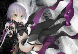 Rule 34 | 1girl, absurdres, ass, bandaged arm, bandages, bare shoulders, black footwear, black gloves, black panties, black shirt, black thighhighs, blush, boots, breasts, clock, clock tower, commentary request, dagger, facial scar, fate/grand order, fate (series), gloves, green eyes, grey hair, hair between eyes, high heel boots, high heels, highres, holding, holding dagger, holding knife, holding weapon, jack the ripper (fate/apocrypha), knife, looking at viewer, nyatabe, panties, parted lips, scar, scar across eye, scar on cheek, scar on face, shirt, shoe soles, short hair, shoulder tattoo, single glove, sleeveless, sleeveless shirt, small breasts, solo, tattoo, thigh boots, thighhighs, tower, underwear, weapon
