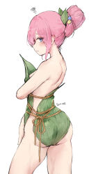 Rule 34 | 1girl, absurdres, alternate costume, artist name, bamboo leaf, blue eyes, blush, bocchi the rock!, commentary, cowboy shot, cube hair ornament, dragon boat festival, food costume, from side, gotoh hitori, hair bun, hair ornament, highres, leaf hair ornament, looking at viewer, naked costume, parted lips, pink hair, profile, pugwit, scribble, sidelocks, sideways glance, simple background, solo, sweat, water drop, white background
